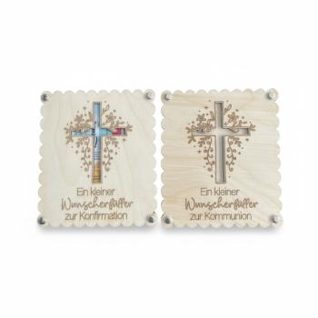 Holzkarte zur Konfirmation oder Kommunion mit eingelegtem Geldschein als Geschenkidee.